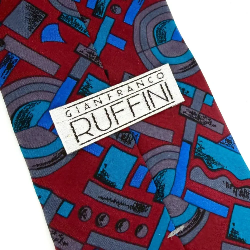 Vintage 90s Gianfranco Ruffini Red Teal 100% Silk Abstract Geometric Necktie